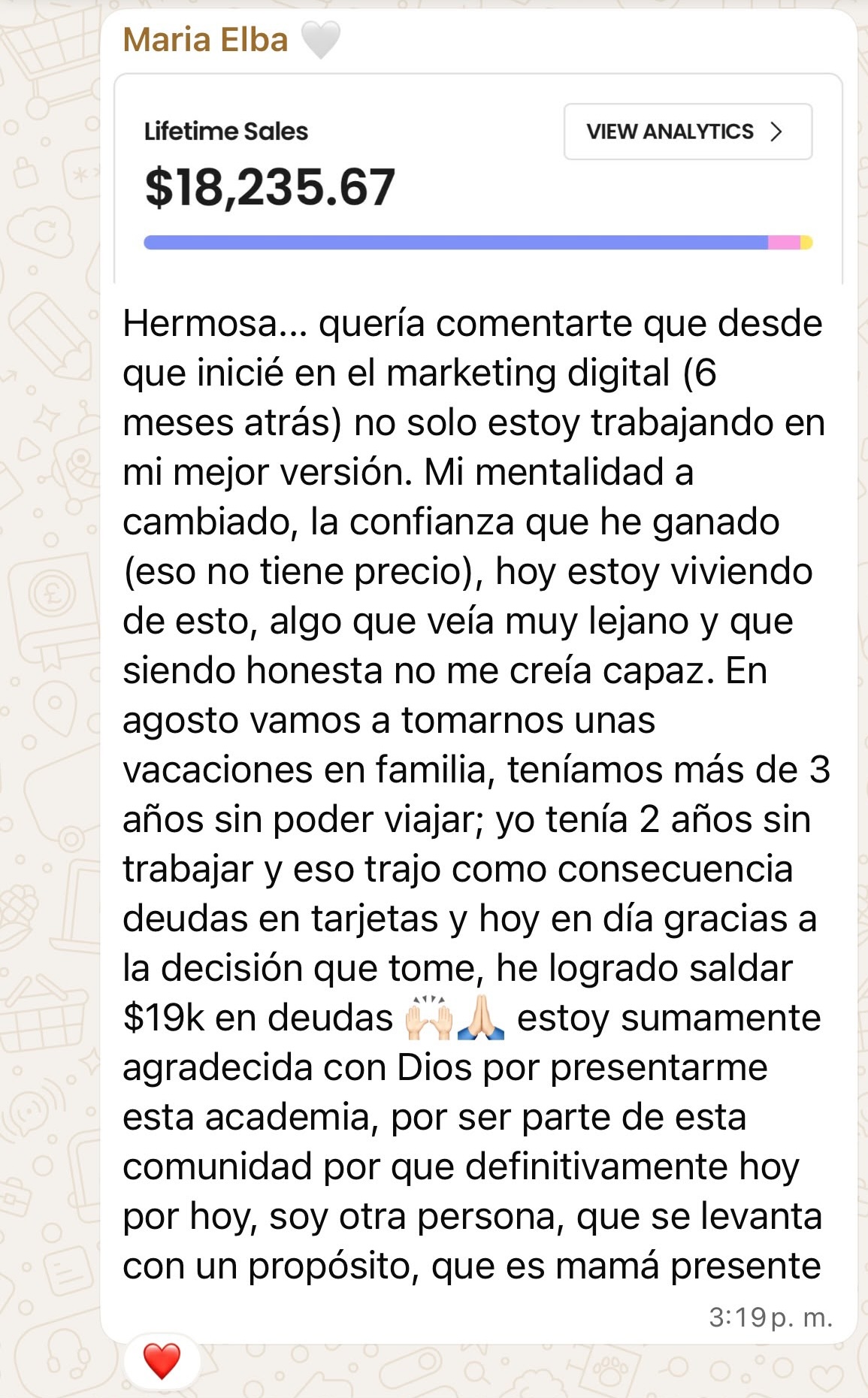 Testimonio de Maria Elba: $18,235.67 en ventas totales