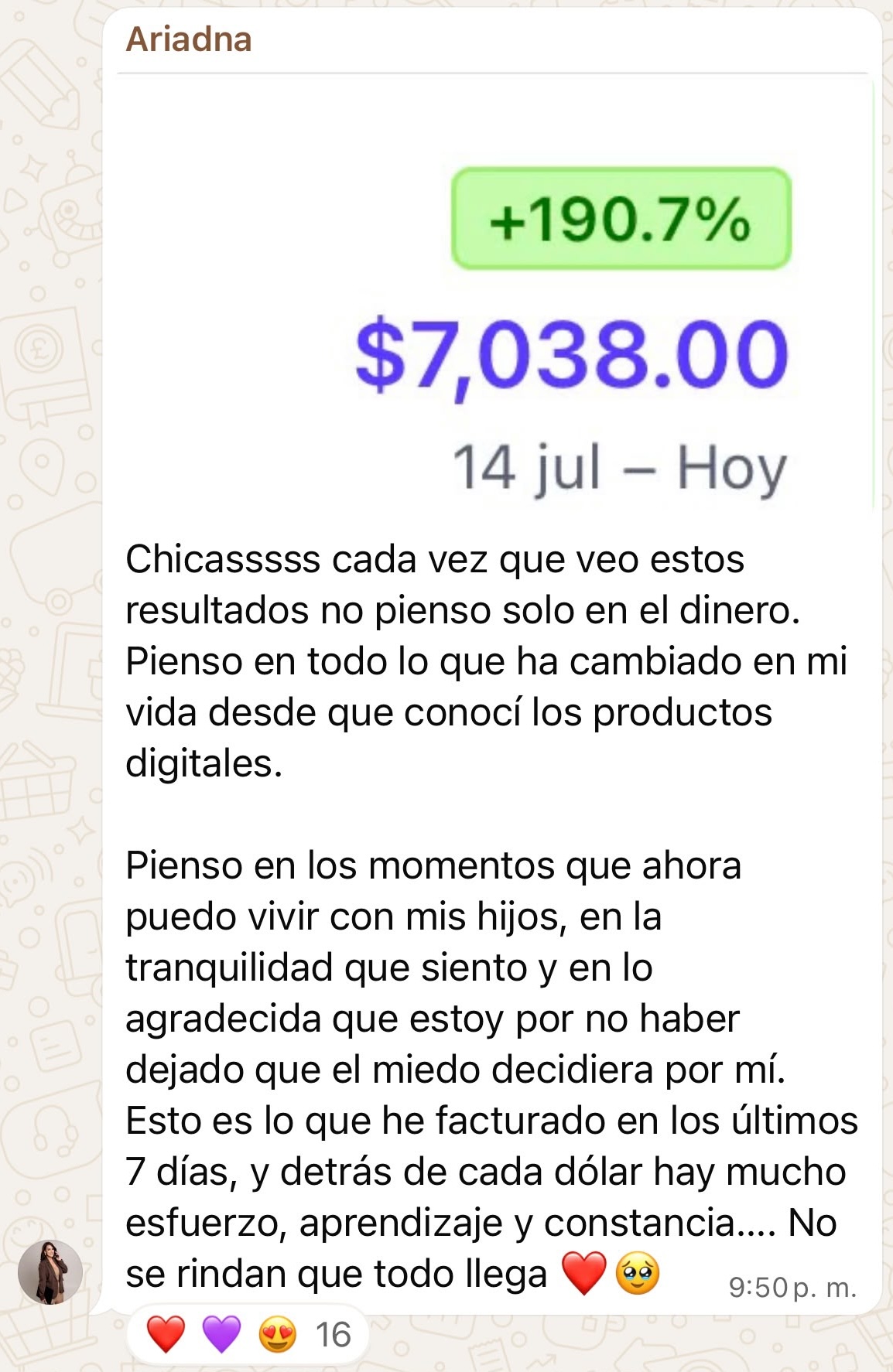 Testimonio de Ariadna: +190.7% y $7,038.00 en 7 días